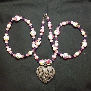 Handmade Pink Purple Stones Heart Pendant Necklace